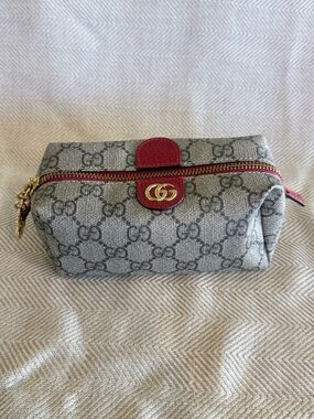 Gucci Gray GG Supreme Cosmetic Case with Red Accents
